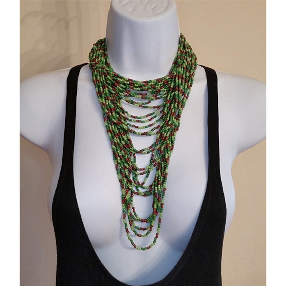 Artisan handcrafted layered statement seed bead necklace boho festival queen.